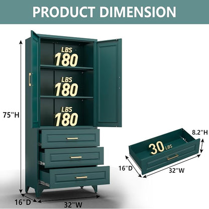 Polup 75" Tall Metal Storage Cabinet with Doors and Shelves, Heavy Duty Green Kitchen Pantry Cabinet with 3 Drawers, Freestanding Food Cupboard Storage Organizers for Laundry, Garage, Dining Room