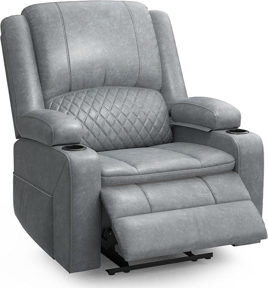 Oversized Manual Recliner Chair, 3 Angle Recliner Home Theater Seating, RV Recliner Single Sofa with Hidden Arm Storage, Cup Holder & Side Pocket (Single, Grey)