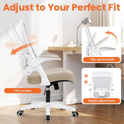 NEO CHAIR Office Desk Gaming Chair Computer High Back Mesh Seat with Rolling Wheels Ergonomic Adjustable Comfy Flip-up Armrests Lumbar Support Height for Home (Beige White Frame)