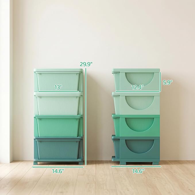 Qaba 4 Drawers Kids Storage Unit, 4 Tier Stackable Toy Organizers and Storage Chest for Bedroom, Nursery, Playroom, Living Room, Boys, Girls, Toddlers, Green