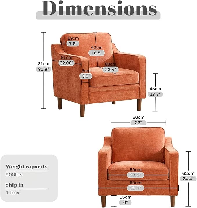 Kingfun Accent Chair Set of 2, Living Room Chairs, Mid Century Reading Armchair, Chenille with Solid Wood Foot, Upholstered Modern Decor for Bedroom, Apartment