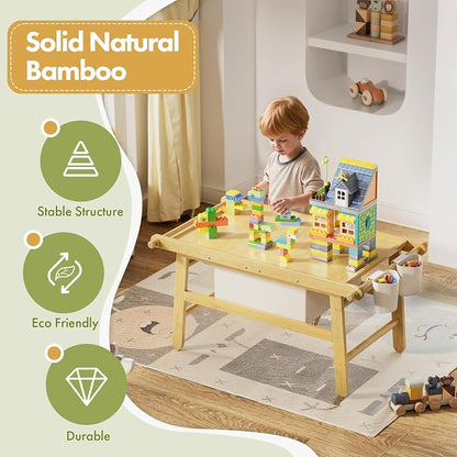 Kids Train Table with Storage, 5 in 1 Bamboo Activity Table for Building Blocks, Wooden Play Desk for Toddlers Ages 3-10, Multi-Functional Kids Table for Art, Drawing, Learning and Dining