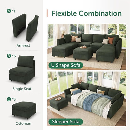 HONBAY Modular Sectional Sofa with Storage, U Shaped Couch Modular Convertible Sectional Couches for Living Room - Green