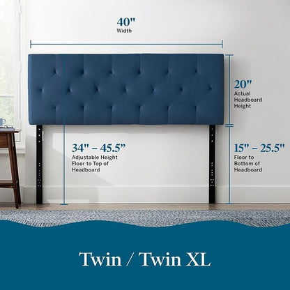 Lucid Mid-Rise Upholstered Headboard - Diamond Tufted - Padded Polyester - Adjustable Height from 34” to 46” - Easy Assembly - Bed Frame or Wall Mount - Sturdy - Cobalt - Twin / Twin XL Size