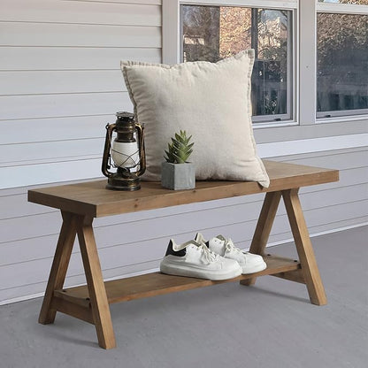 RowyPoey Solid Wood Bench, 43" Farmhouse Entryway Bench for Living Dining Room, Rustic Storage Bench Seat for Indoors, Natural