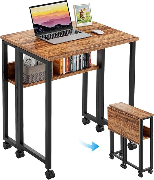 GreenForest Folding Desk with Wheels, 24.8 Inch Compact Rolling Computer Table with Storage Shelf, Portable Mobile Workstation for Small Spaces, Easy Assembly,Walnut
