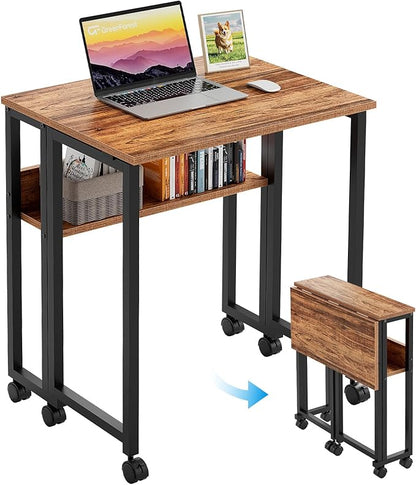GreenForest Folding Desk with Wheels, 31.5 Inch Compact Rolling Computer Table with Storage Shelf, Portable Mobile Workstation for Small Spaces, Easy Assembly, Walnut