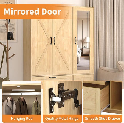 Armoire Wardrobe Closet with 3 Door, Bedroom Armoire with Mirror, LED Light, Hanging Rod, Drawers,Adjustable Shelves,Large Capacity Closet for Bedroom,47.2L,Natural