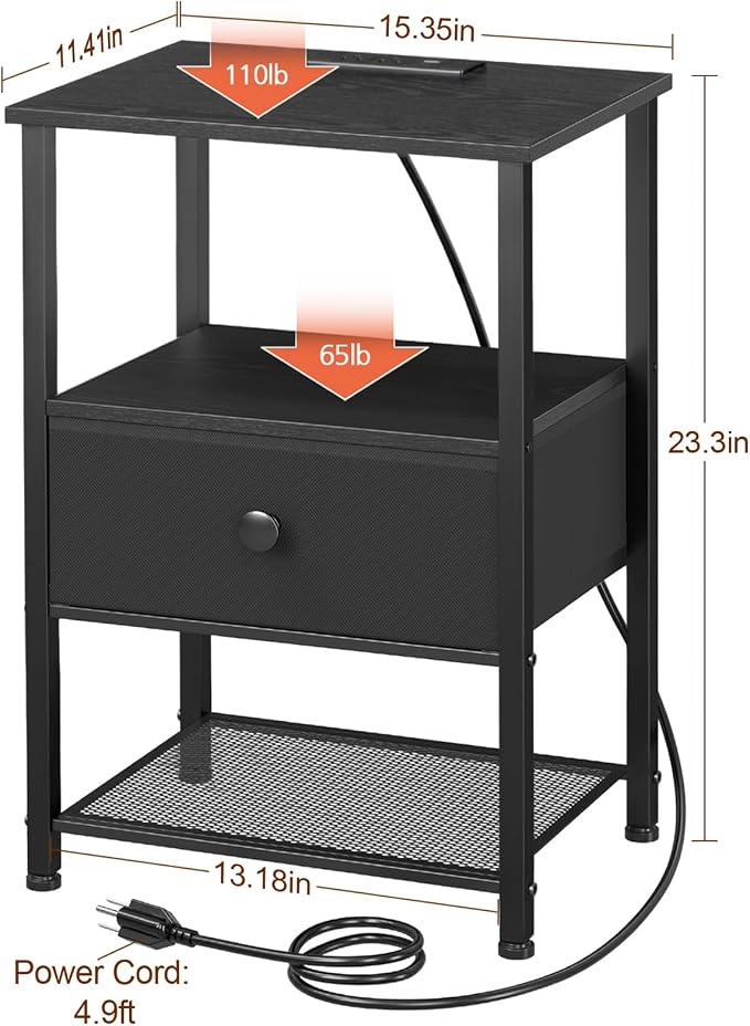 LOAKEKEL Nightstands Set of 2 with Charging Station, Night Stand with LED Lights, End Tables Living Room with Storage Shelf, Bed Side Tables with Storage Drawer for Bedroom, Black, HETS01BK