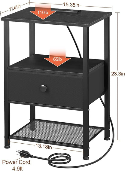LOAKEKEL Nightstands Set of 2 with Charging Station, Night Stand with LED Lights, End Tables Living Room with Storage Shelf, Bed Side Tables with Storage Drawer for Bedroom, Black, HETS01BK