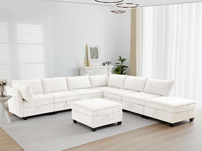 ORRD Oversize Corner Modular Sectional Sofa Set, Convertible L Shaped Couch with Storage, 8 Seater Sofa Modular with Ottomans and Reversible Chaise for Living Room, Office (Beige)