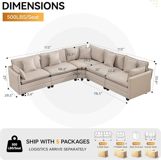137'' V Shaped Cloud Sectional Sofa, Oversized Deep Seat Leather Couches for Living Room, Comfy Upholstered Modular Sectional Sofa Couch, Leather Beige