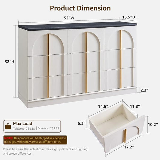 ACCOHOHO Arched Dresser for Bedroom with 9 Drawers, 52" Wide Modern Chest of Drawers with Rounded Edge & Metal Handles, Wood Storage Closet Dressers TV Stand for Living Room, Hallway, White