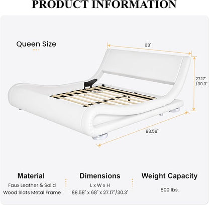 SHA CERLIN Queen Size Upholstered Bed Frame, Deluxe Low Profile Sleigh Bed with Faux Leather Ergonomics Headboard, No Box Spring Needed & Easy Assembly, White