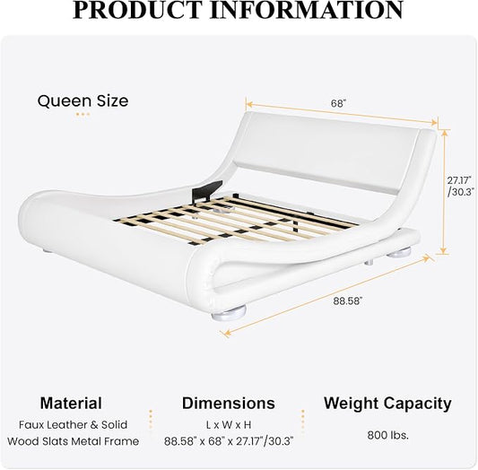 SHA CERLIN Queen Size Upholstered Bed Frame, Deluxe Low Profile Sleigh Bed with Faux Leather Ergonomics Headboard, No Box Spring Needed & Easy Assembly, White