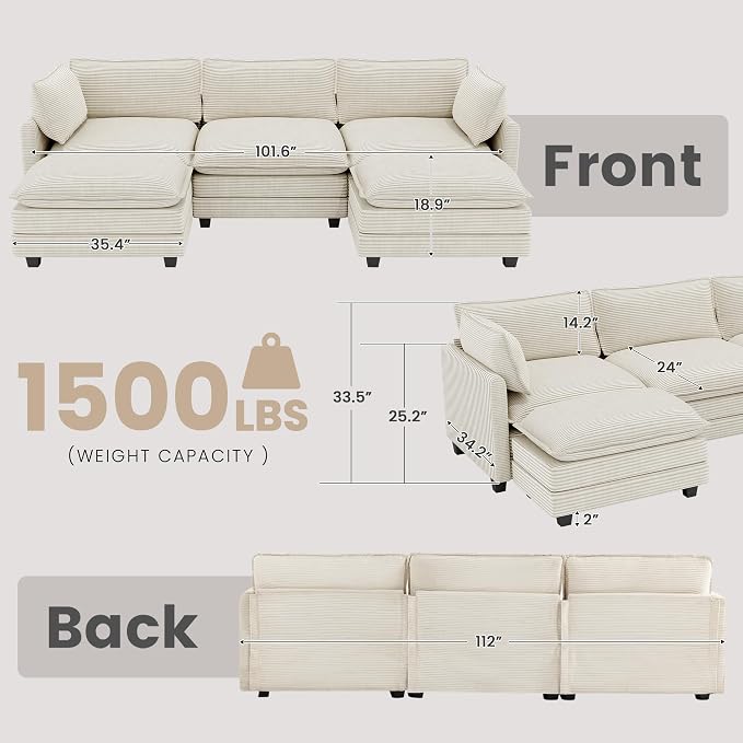 112'' Sectional Modular Cloud Couch, Oversized 5 Seat Couches U Shaped Sofa with 2 Movable Ottomans, 2 Throw Pillows, Upholstered Corduroy U Shape Comfy Deep Couches for Living Room and Office, Beige
