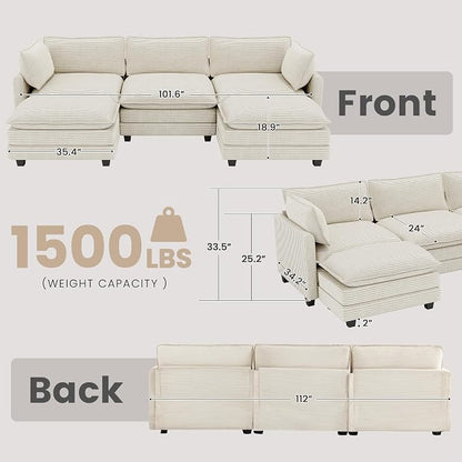 112'' Sectional Modular Cloud Couch, Oversized 5 Seat Couches U Shaped Sofa with 2 Movable Ottomans, 2 Throw Pillows, Upholstered Corduroy U Shape Comfy Deep Couches for Living Room and Office, Beige