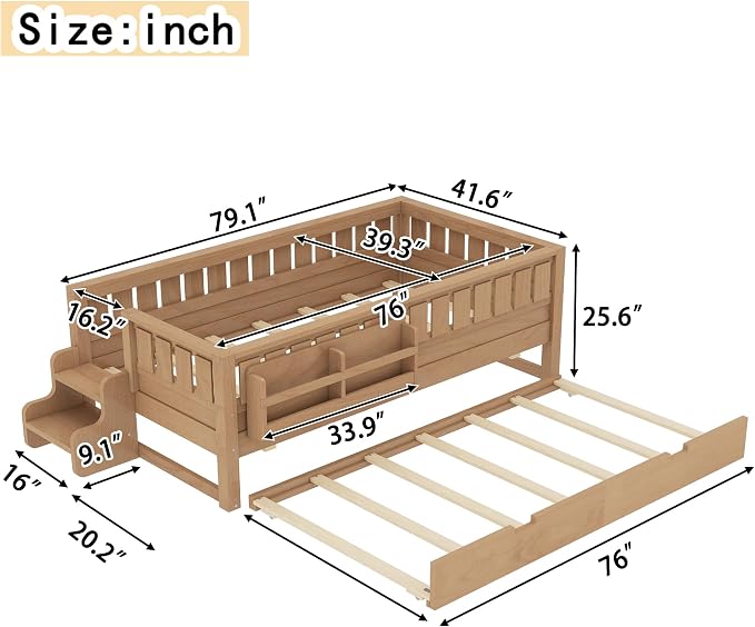 Bellemave Twin Size Kids Bed with high Rails and with Built-in Bookshelf and Trundle for Kids, Girls, Boys, Wood Montessori Bed Without Door, Natural