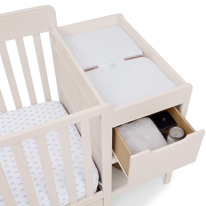 Delta Children Maya 5-in-1 Convertible Crib and Changer with Storage, Converts to Toddler Bed, Daybed, Sofa & Full Bed, Greenguard Gold Certified, 3 Mattress Heights for Baby, Soft Beige