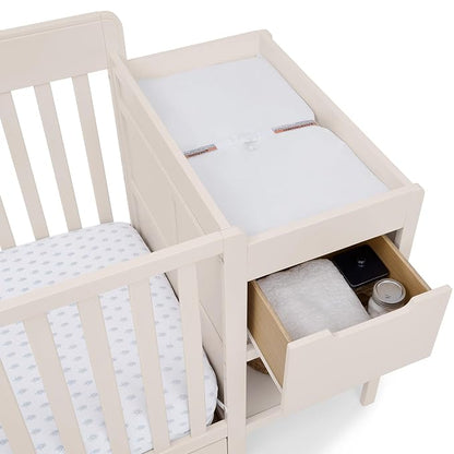 Delta Children Maya 5-in-1 Convertible Crib and Changer with Storage, Converts to Toddler Bed, Daybed, Sofa & Full Bed, Greenguard Gold Certified, 3 Mattress Heights for Baby, Soft Beige