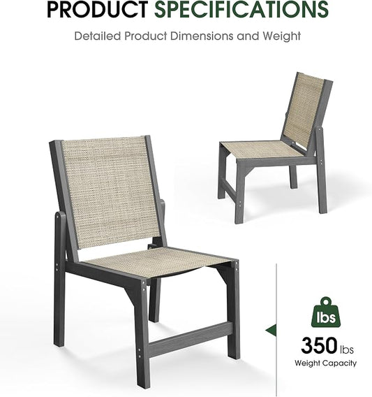 Patio Stackable Chair, HDPE Armless Outdoor Dining Chairs with Wide Seat, All-Weather Textilene Oversized Porch Chair for Garden, Poolside, Backyard, Deck | Grey