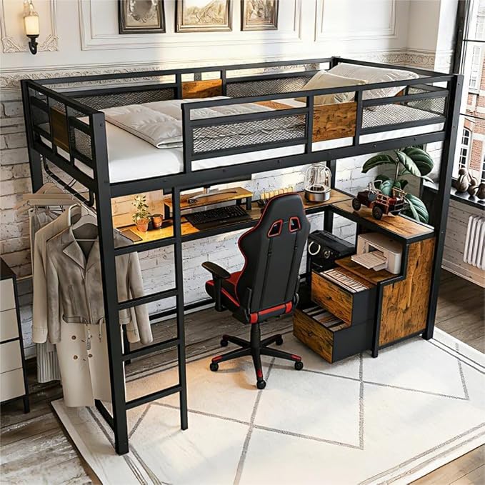 Bellemave Twin XL Loft Bed with Desk & Storage Fabric Drawers & Shelves, Metal Loft Bed Twin Size for Adults & Teens, Twin Loft Bed Frame for Apartments & Dorm, No Box Spring Needed, Black