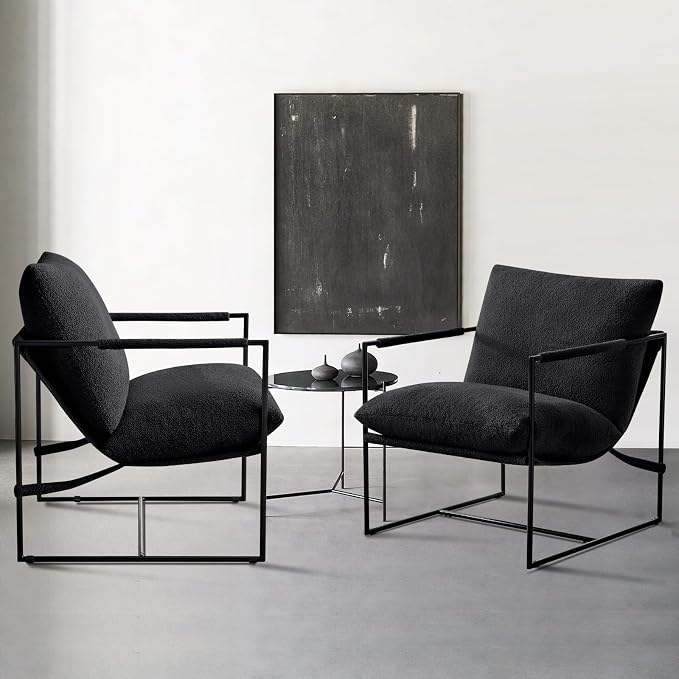Furnilivng Large Sling Accent Chair, Comfortable Boucle Fabric Arm Chair, Upholstered Cozy Reading Chair for Living Room, Bedroom, Dressing Room, Home Office (Black, Set of 1)