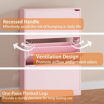 Shoe Storage Cabinet, Wood Shoe Organizer for Entryway with 3 Flip Drawers, Freestanding Shoe Rack with Adjustable Shelf, Narrow Shoe Dresser for Front Door Entrance (Pink, 3 Drawers)