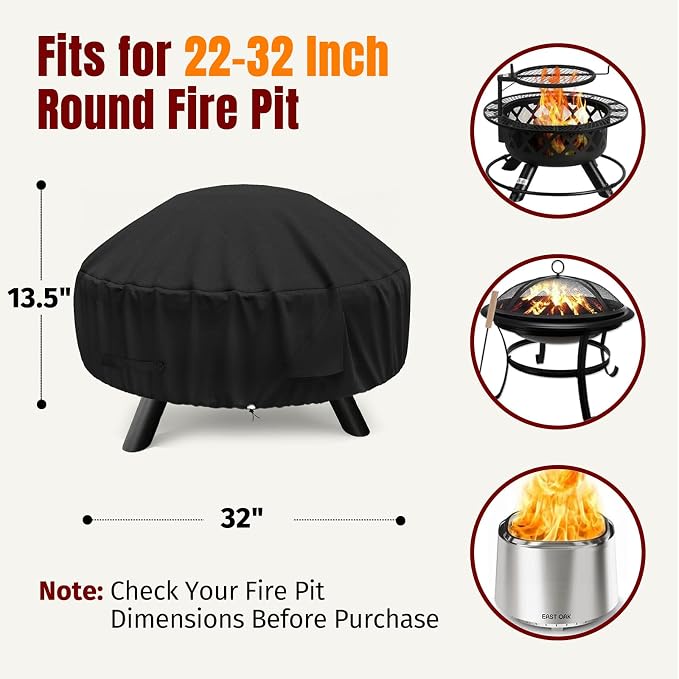 SHINESTAR Round Fire Pit Cover for 22-32 Inch Fire Pit - Waterproof and Windproof, with Straps and Built-in Vents, 32 Dia x 13.5 H, Black