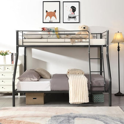 EMKK Twin Over Full Bunk Bed for Adults, Metal Bunk Beds Twin Over Full Size for Teens Dorm Bedroom Guest Room,Heavy Duty Bunk Beds with Ladder and Safety Full Length Guardrail (Black D)