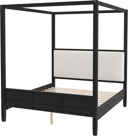 Merax King Size Canopy Bed with Upholstered Headboard, Wooden Platform Bed Frame with 4-Posters, Solid Wood Slat Support, No Box Spring Needed