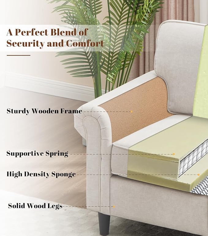 Kingfun Loveseat 2&3 Seater Couch with Chair, Mid Century Modern Chenille Sofa Set with Rolled Arms and Deep Seats, Fluffy Comfort for Living Room, Apartment, Easy Assembly, Beige