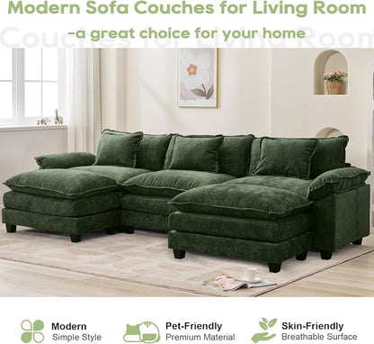 Oprisen 120" Modular Sectional Sofa, Comfy Cloud Couch Sectional Sofa with Ottoman, Chenille Sofa Sleeper Deep Seat Sofa with Throw Pillows for Living Room (Green, 120"- U Shape)