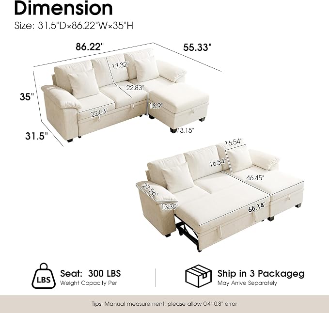 Modular Sectional Sleeper Sofa Bed, 86" Convertible Cloud Couch Bed, L Shaped 4 Seat Pull Out Couch with Storage Ottoman, Sectional Couches for Living Room, Apartment (Beige)