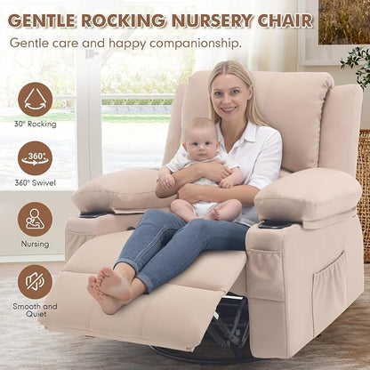 Leather Recliner Chair with Heat and Massage Cup Holder, Thickly Padded Overstuffed Rocking Glider Chair, Swivel Rocker Recliner Chair for Nursery, Khaki