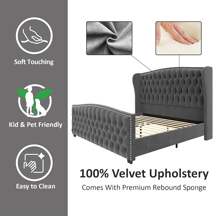 AMERLIFE King Size Platform Bed Frame, Velvet Upholstered Bed with Deep Button Tufted & Nailhead Trim Wingback Headboard/No Box Spring Needed/Grey