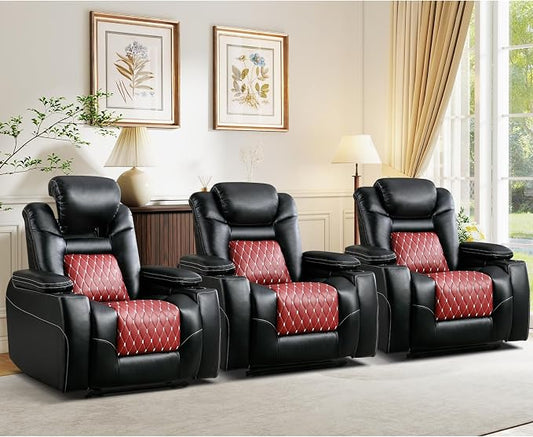 ANJ Power Recliner Chair Set of 3,Home Theater Seating with Adjustable Headrest,Cup Holders,USB Port,Hidden Arm Storage(Black)