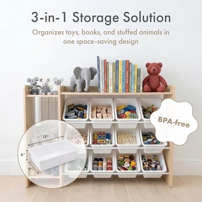 Humble Crew Toy Storage Organizer with Stuffed Animal Storage, 12 Removable Storage Bins for Kids Playroom, Toy Organization and Storage, Solid Wood, Natural/White