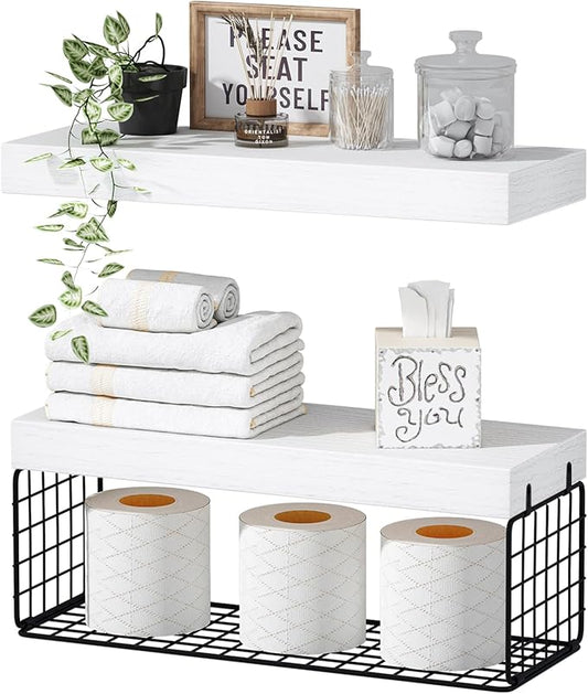QEEIG Bathroom Shelves Over Toilet - Wall Mounted Floating Shelves Toilet Paper Storage Small Farmhouse Decor Shelf 16 inch Set of 2, White and Black (019-WB2)