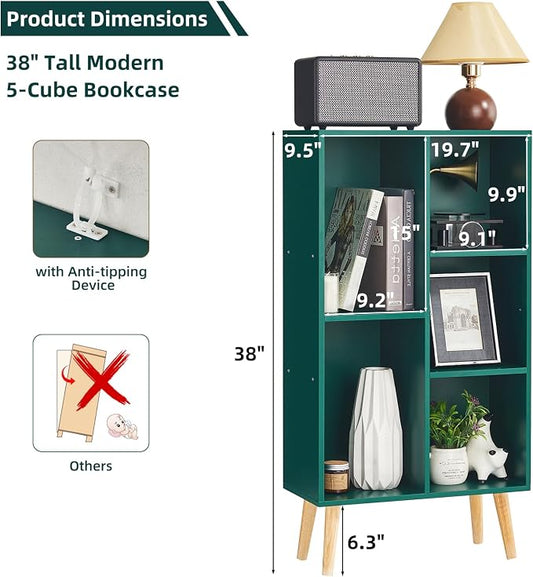 LEYAOYAO 5 Cube Bookshelf 3-Tier Bookcase with Legs,Mint Dark Green Kids Book Shelf Cute Storage Organizer,Free Standing Open Toy Shelves Wood Bookshelves,Display Bookcases for Bedroom,Living Room