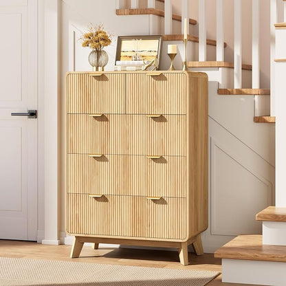 QUW Fluted 5 Drawers Dresser for Bedroom, Modern 40.2" Tall Drawer Dressers with Metal Handle, Wooden Chest of Dresser for Living Room, Hallway, Solid Wood Legs, Curved Profile Design, Natural Oak