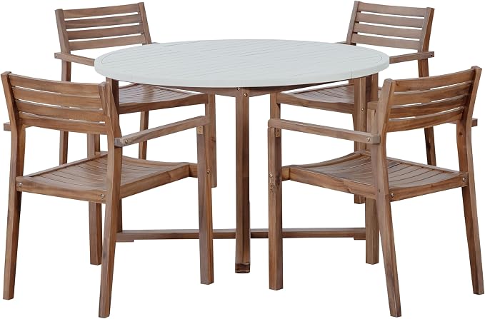 VilroCaz 5-Piece Acacia Wood Outdoor Dining Set for 4, All-Weather 47.2" Round Dining Table with 4 Armchairs and Slatted Design for Patios, Gardens, Pool Sides, and Lawn Areas (Light Brown-4.11)