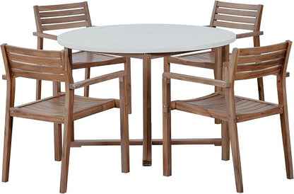 VilroCaz 5-Piece Acacia Wood Outdoor Dining Set for 4, All-Weather 47.2" Round Dining Table with 4 Armchairs and Slatted Design for Patios, Gardens, Pool Sides, and Lawn Areas (Light Brown-4.11)