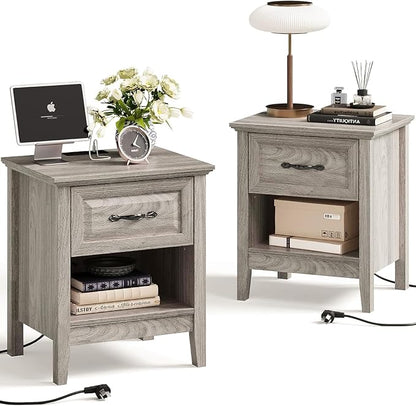 LINSY Night Stands Set of 2, 18.9" Farmhouse Wood Side Tables with Type-C Charging Station, Drawer & Open Storage Shelf – Perfect for Bedroom, Living Room, Sofa, or Office