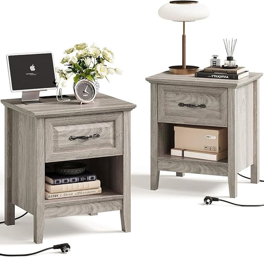 LINSY Night Stands Set of 2, 18.9" Farmhouse Wood Side Tables with Type-C Charging Station, Drawer & Open Storage Shelf – Perfect for Bedroom, Living Room, Sofa, or Office