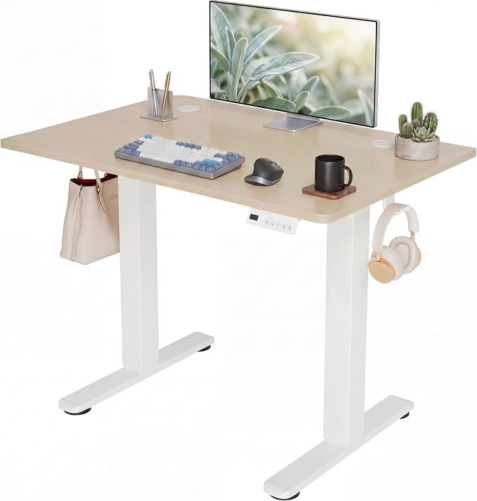 Claiks Electric Standing Desk, 35 x 20 Inch Small Height Adjustable Sit Stand Desk for Home Office, Computer Desk with Memory Presets, Cable Management & Headphone Hooks, 156 lbs Capacity, Nature