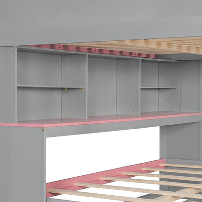 Wood Bunk Bed Full Over Full Size with Storage Staircase and Shelves, Bunk Beds Frame with Trundle and LED for Kids Teens, Space-Saving (Gray-12.15)