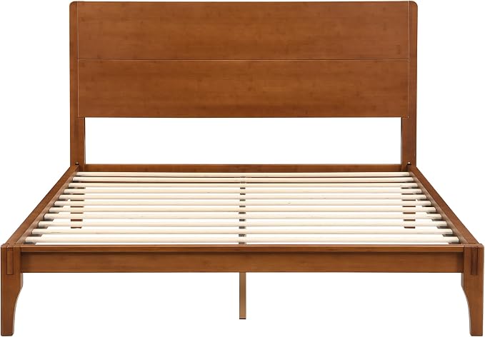 Merax Queen Size Bamboo Platform Bed, Mid-Century Modern Bed Frame with Tall Headboard, Solid Sustainable Bedframe Queen-size, Wood Slat Support, No Box Spring Needed, Easy Assembly, Noise Free, Brown