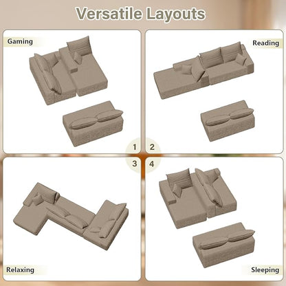 166.9" Cloud Sectional Couch with L-Shape Chaise, Modern Modular Comfy Sofa Chaise Longue, Upholstered Corduroy Couches Sleeper with Deep Seat for Living Room Bedroom, No Assembly Required, Camel