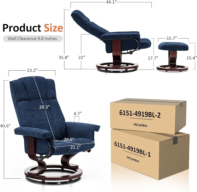 MCombo Manual Swivel Recliner with Ottoman, Chair Ottoman Set for RV Small Spaces, Living Room, Bedroom, Office 4919 (Chenille, Blue)
